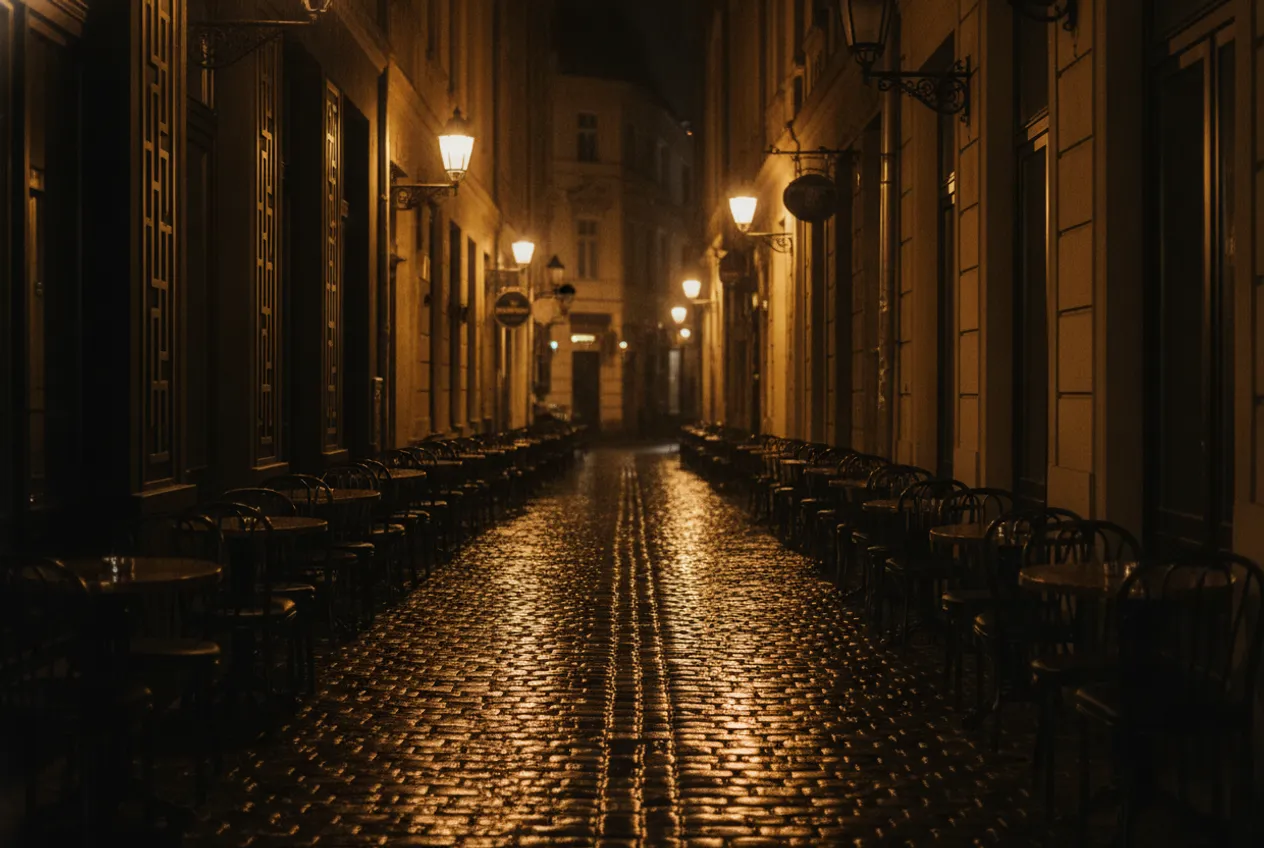 Die Bukarester Altstadt nach dem Regen: nasses Kopfsteinpflaster im goldenen Licht der Bars, leere Stühle und Laternen.