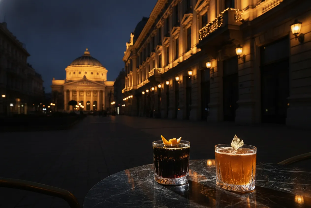 Calea Victoriei zur blauen Stunde: beleuchtete Fassaden, die Kuppel des Athenäums und zwei Cocktails auf einem Terrassentisch.