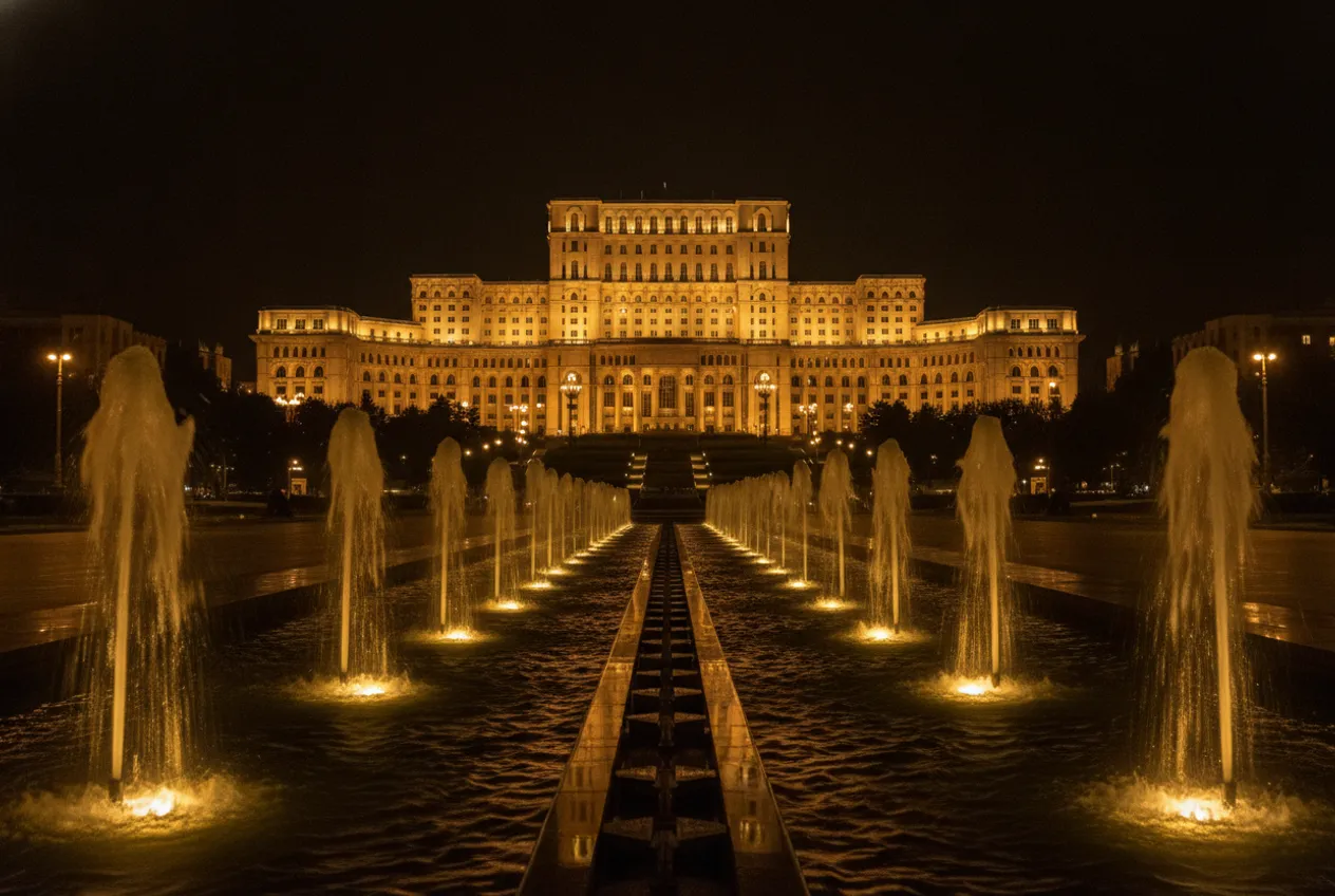 Piața Unirii bei Nacht: beleuchtete Brunnen, am Ende des Boulevards der Parlamentspalast.