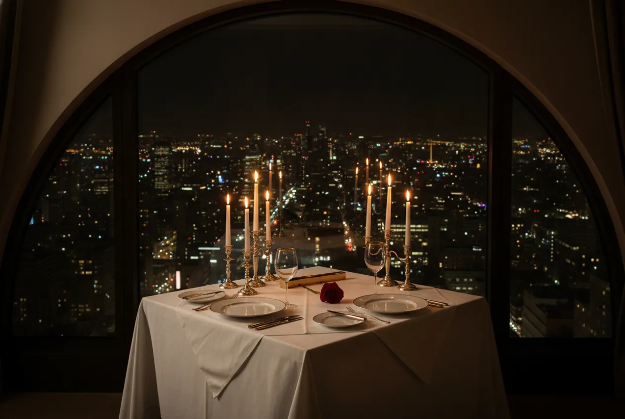Ein Tisch für zwei bei Kerzenlicht am Fenster, Rotwein und eine Rose, dahinter die Stadt bei Nacht.
