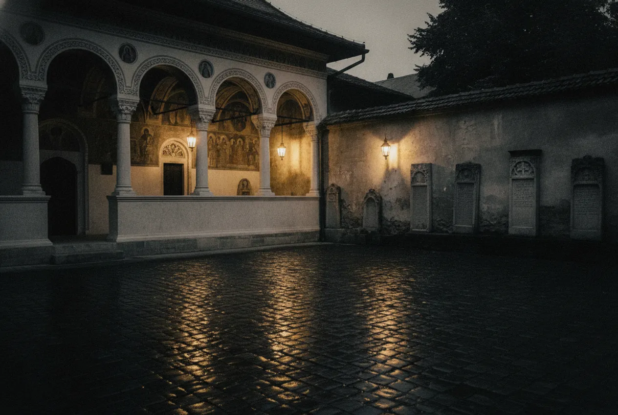 Innenhof eines kleinen Klosters in der Altstadt von Bukarest am Abend: verzierte Steinsäulen, Fresken unter dem Vordach, alte Grabsteine an der Mauer