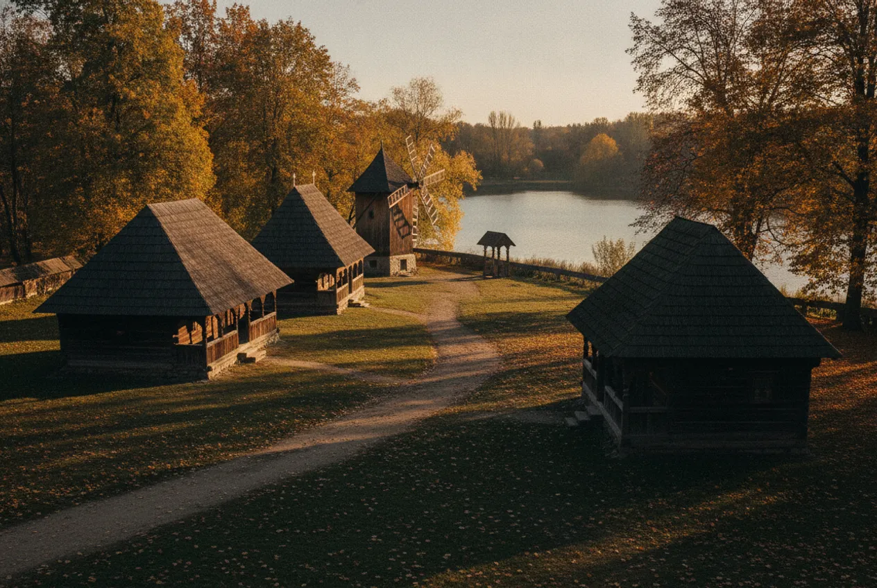 Holzhäuser und eine Windmühle im Dorfmuseum am Herăstrău-See im Herbstlicht